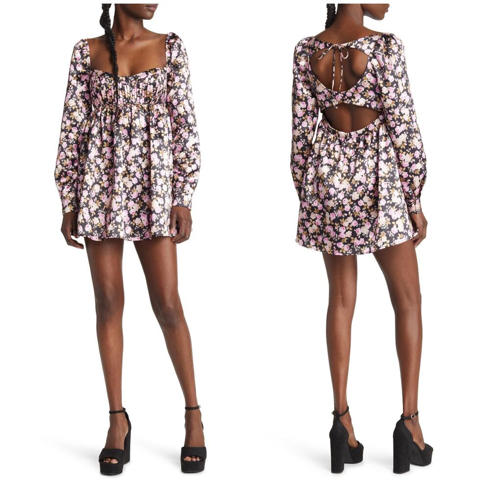 For Love & Lemons Kate Floral Long Sleeve Back Cutout Babydoll Minidress Small